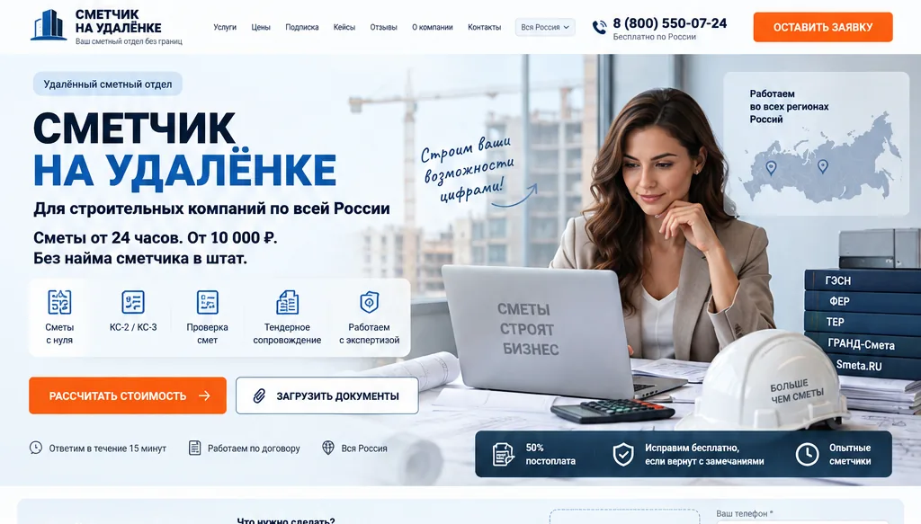 Фото из прототипа: сметчик за ноутбуком, чертежи, строительная каска и карта регионов России